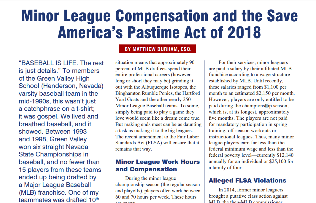 Minor League Compensation and the Save America’s Pastime Act of 2018